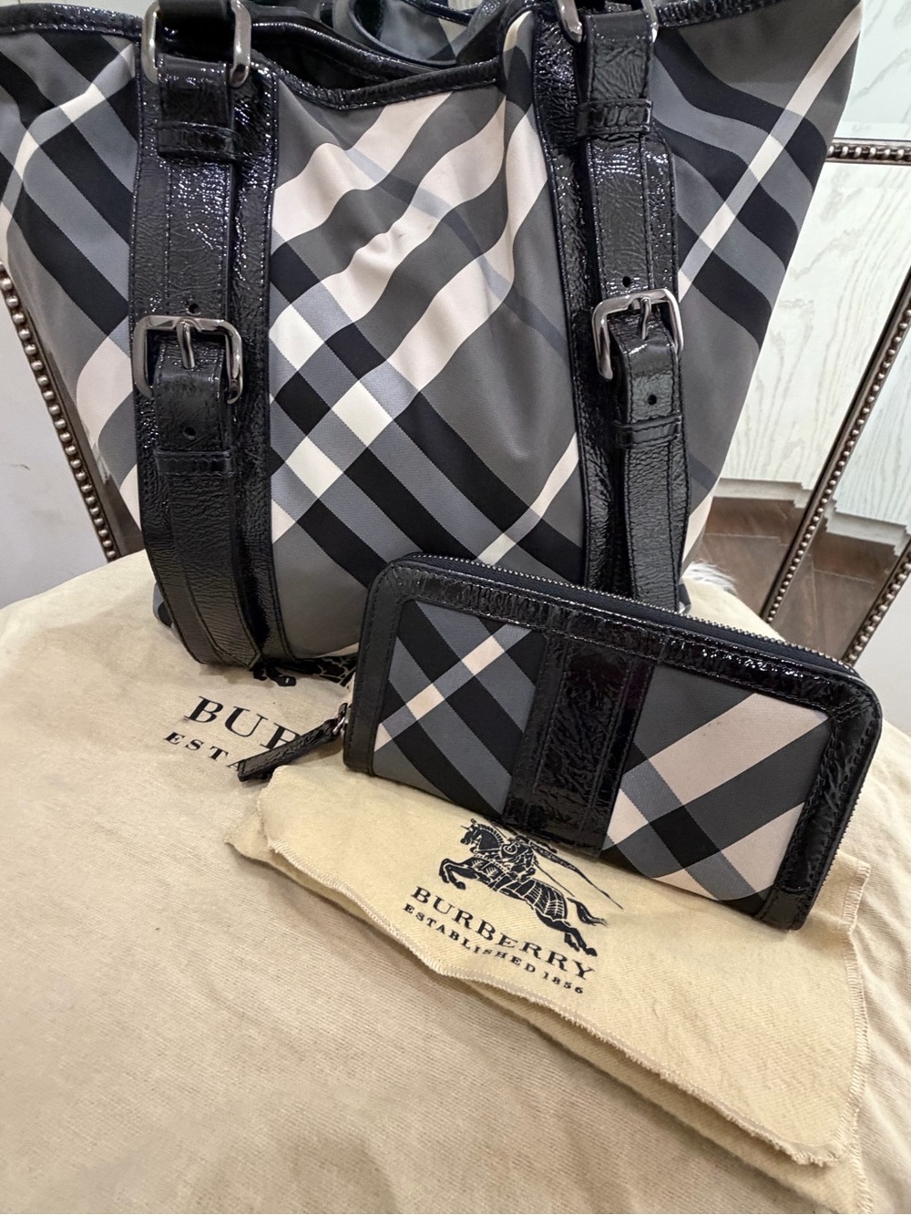 Burberry Black and Gray Check Tote with Matching Wallet
